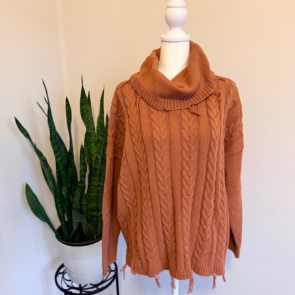 Umgee | Oversized Distressed Cable-Knit Cowl Neck Sweater